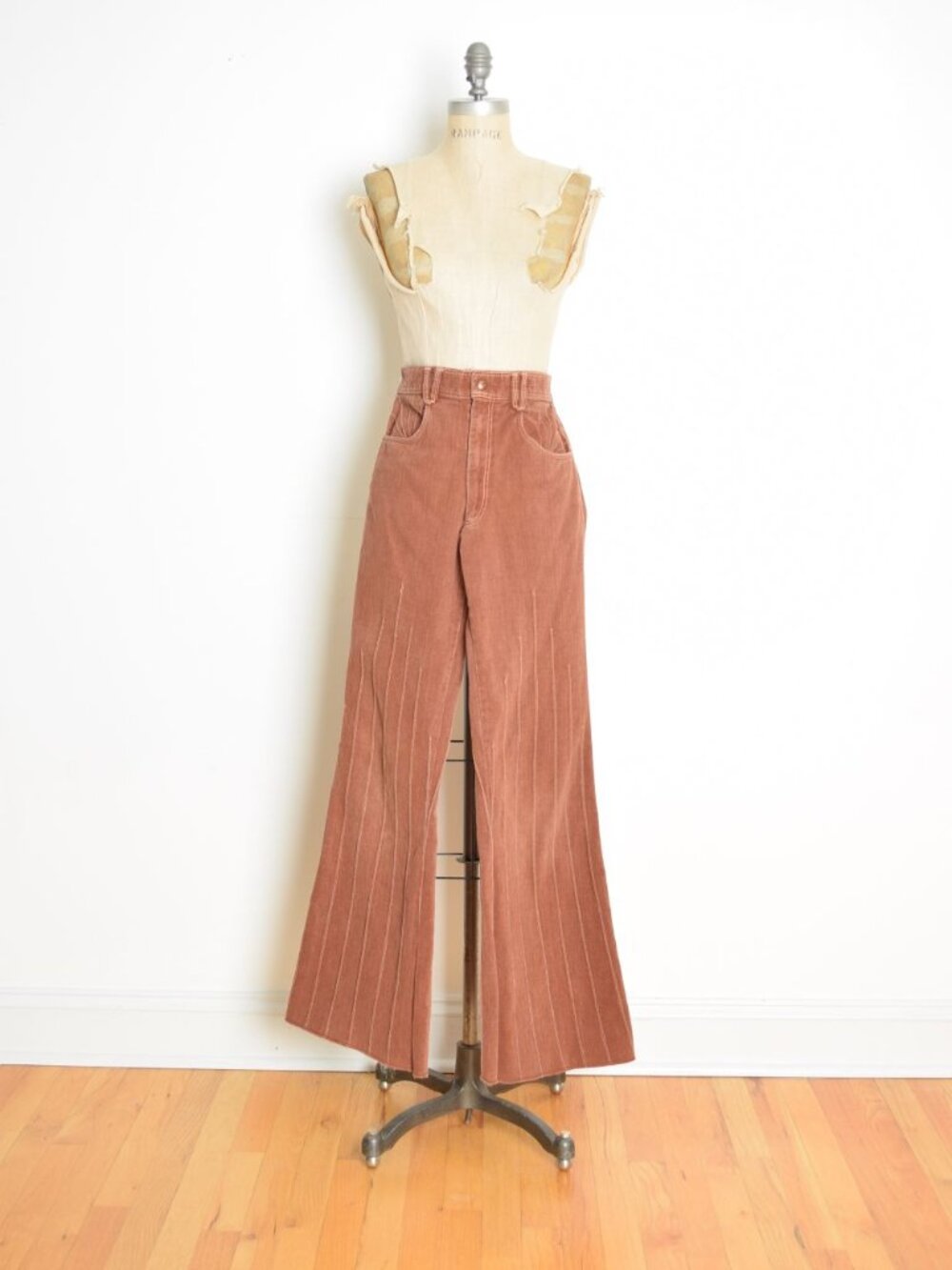 vintage 70s bell bottom pants brown pintuck flared high waist rise hippie boho S